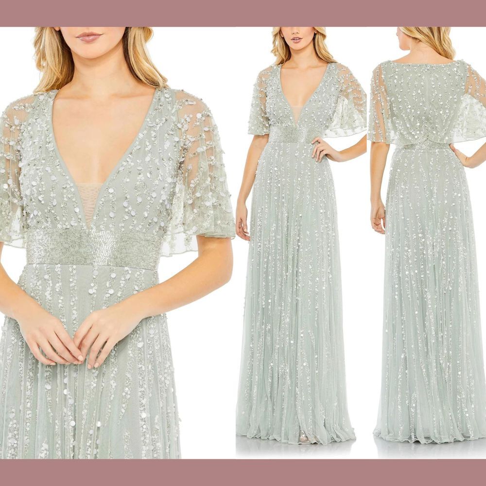 NWT $798 Mac Duggal [ 18 ] 93784 Cape Embellished V neck Column Gown Mint‎